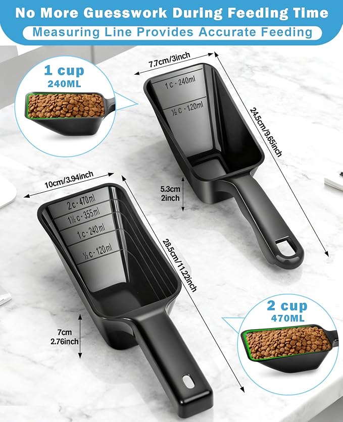 2-Pack Dog Food Scoop Set,1 Cup and 2 Cup Plastic Pet Food Measuring Scoops with Clear Measurement Lines,Multi-Purpose Pet Food Scooper for Dogs, Cats (Black)