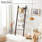HOOBRO Blanket Ladder for Living Room and Bedroom, 5-Tier Wall Leaning Towel Rack for Bathroom, Decorative Ladder Shelf with 4 Removable Hooks, Farmhouse Blanket Storage, Brown BR51CJ01G1
