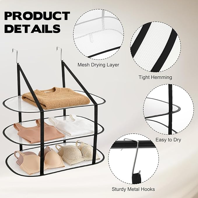 2 Pcs Flat Over The Door Folding Drying Rack, 3 Tier Black Large Laundry Hanging Dryer Sweater Drying Rack Mesh Clothes Hanging Fold Flat Dry Hanger for Small Spaces, Apartments, Dorms, Bathrooms