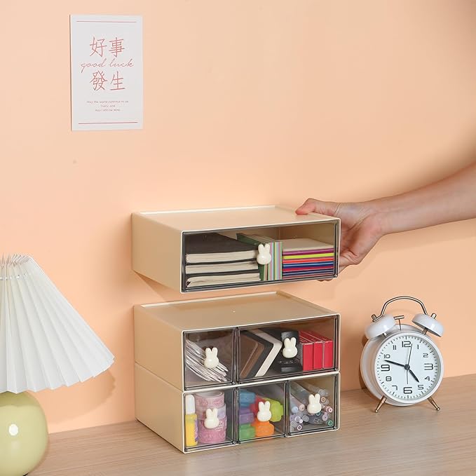 Desktop Storage Drawers, Plastic Desk Organizer with 1 Large Drawer, Modular Stackable Toolbox Units for Office Stationary, Makeup Container, Bathroom Countertop (1 Tall Layer, Cream & Clear)