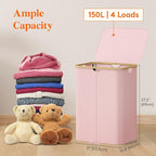 Lifewit 150L Double Laundry Hamper with Lid, Large Laundry Basket with Removable Bag & Bamboo Handles, Fodable Tall Dirty Clothes Hamper for Laundry Collapsible Bin for Bathroom Bedroom Dorm, Pink