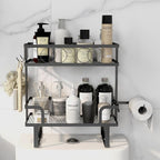 Over The Toilet Storage，Bathroom Shelves Over Toilet,2 Tier Above Toilet Storage with Hanging Hook & Toilet Paper Holder,Non-Trace Adhesive, No Drilling Toilet Organizer (Black)