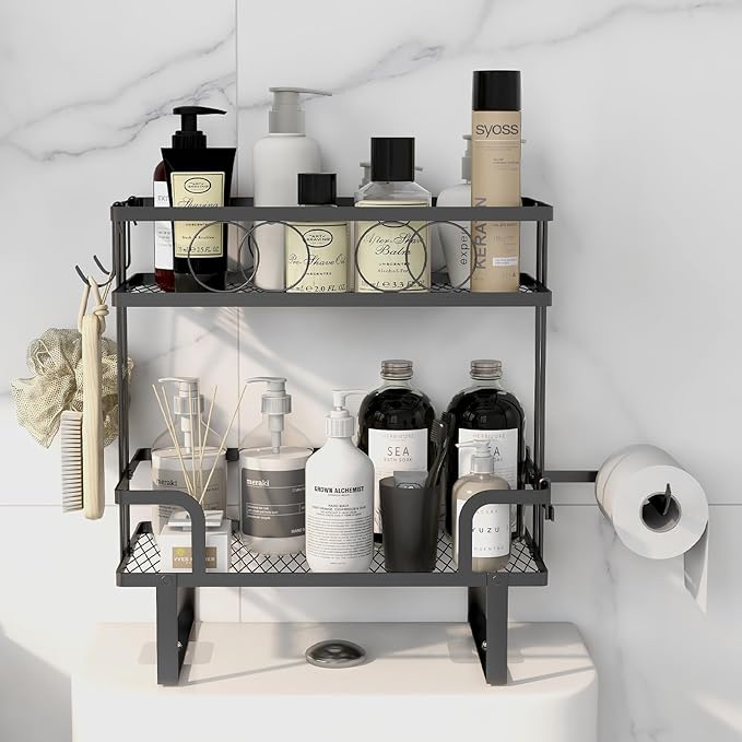 Over The Toilet Storage，Bathroom Shelves Over Toilet,2 Tier Above Toilet Storage with Hanging Hook & Toilet Paper Holder,Non-Trace Adhesive, No Drilling Toilet Organizer (Black)