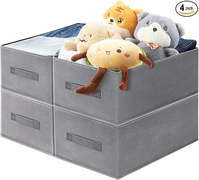 Jeans Organizer for Closet: Foldable Wardrobe Clothes Organizer with Handle, Stackable Closet Clothes Drawer Organizer Tshirts with 7 Grids for Leggings, Sweater, Jean, Pants, Grey (4 PACK)