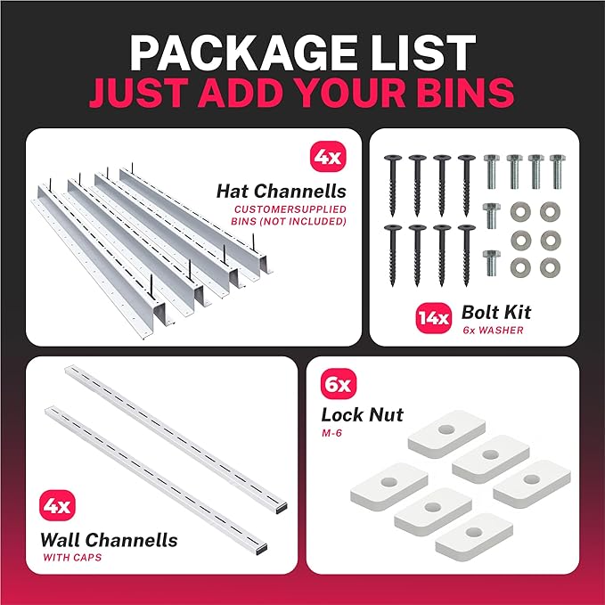 Adjustable Overhead Tote Rail System. Garage Bin Storage. Tote Lift Pro Storage Rack. Ceiling Mounted Bin Organizer – Heavy Duty Ezy Strut & Hat Channel Design – 90" x 25" x 4" (Pack G)
