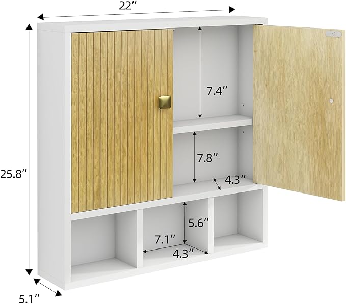 Bathroom Wall Cabinet,Wooden Medicine Cabinet with Fluted Doors Over The Toilet Storage Cabinet with Adjustable Shelf for Bathroom,White