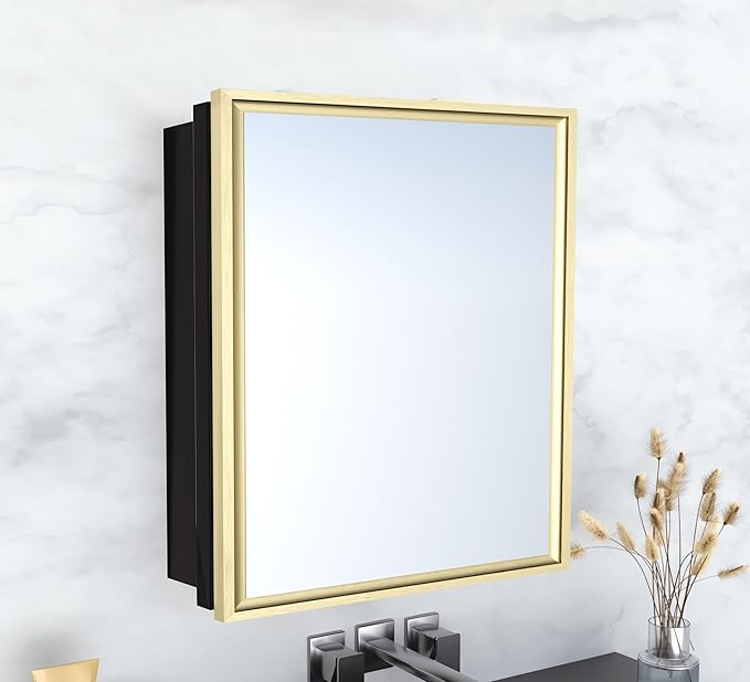 Medicine Cabinet with Mirror Recessed or Surface Mount Farmhouse Style Single Door Mirror Cabinet Square Bathroom Storage, Brushed Gold, 24x24 Inch