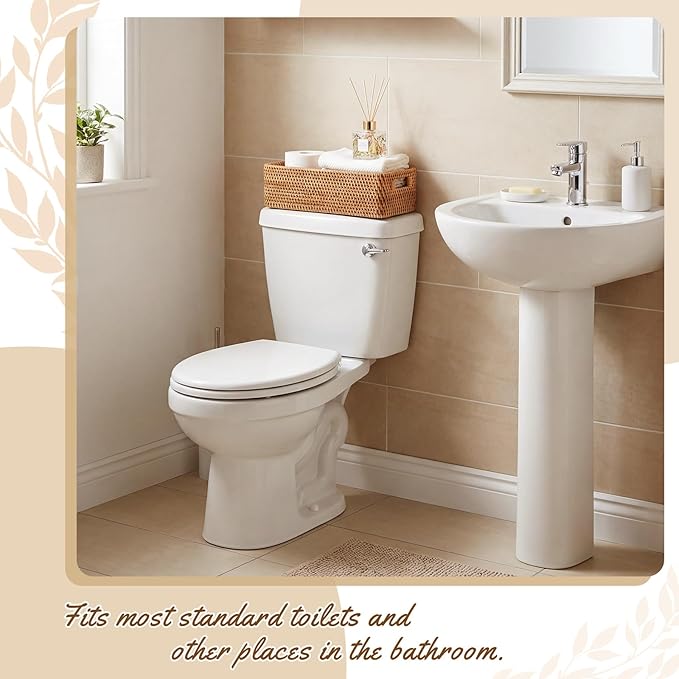 Toilet Tank Top Storage Basket, Narrow Rattan Bathroom Organizer with Handles, Wicker Toilet Paper Holder Basket Fits Most Standard Tanks (14.6" L x 6.7" L x 3.9" h)