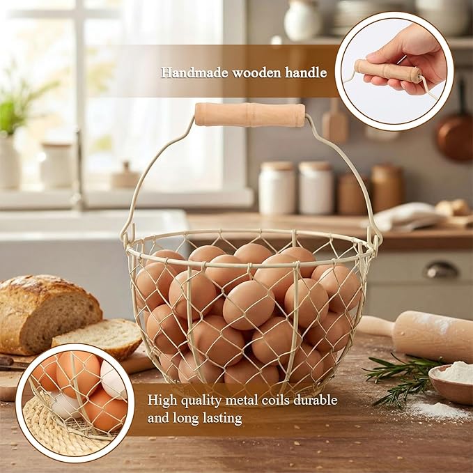 2 Pcs Egg Basket With Handle,Wire Egg Basket for Gathering Fresh Eggs, Round Egg Collecting Basket for Farm,Vintage Style Chicken and Duck Eggs Basket Egg Countertop Storage Container Holder ﻿(White)
