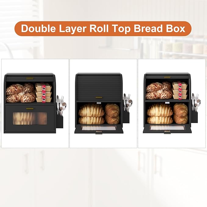 TQVAI Roll Top Bread Box for Kitchen Countertop, Keep Fresh Longer, Easy to Maintenance, Double Layer Vintage Wooden Breadbox with Window for Homemade Bread, Sandwich Loaves, Baked Goods (Black)