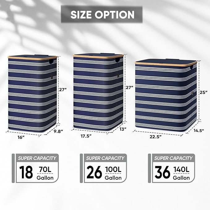 BALEINE Laundry Hamper with Lid, Tall Laundry Baskets with Bamboo Pull Handles, Large Laundry Bin with Internal Support (18 Gal/70L, Blue Pinstripe)