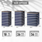 BALEINE Laundry Hamper with Lid, Tall Laundry Baskets with Bamboo Pull Handles, Large Laundry Bin with Internal Support (36 Gal/140L, Blue Pinstripe)