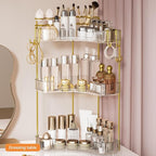 3-Tier Corner Bathroom Counter Organizer，Makeup & Skincare Shelf with Built-in Brush Holder，Space-Saving Bathroom Countertop Organizer for Skincare, Perfume, Cosmetics(Clear)