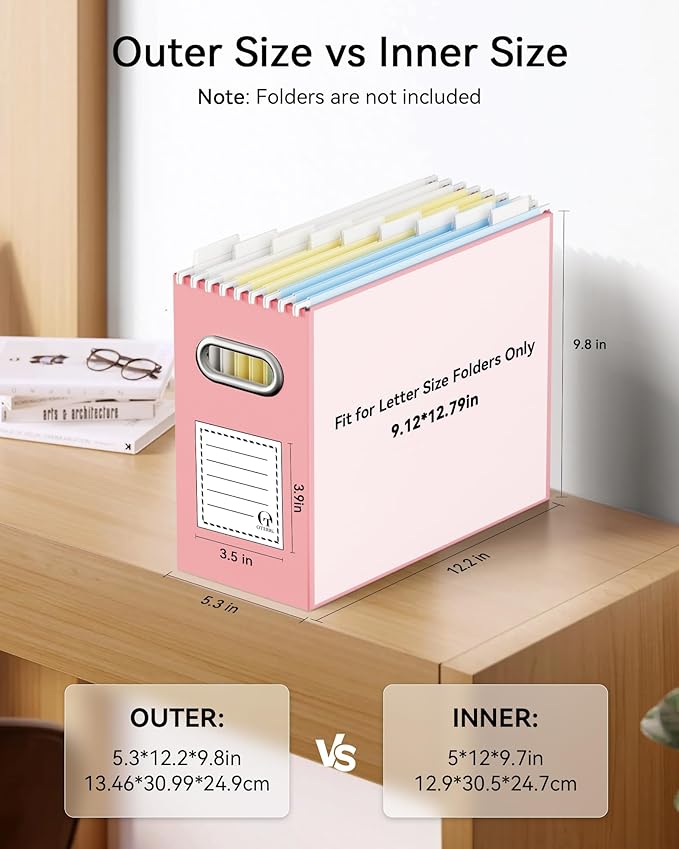 Oterri File Organizer Box, Portable Collapsible Cardboard File Folder Organizer with Handle for Letter Size Hanging Files, Document Storage Box for Home Office & Classroom (8 Packs, Pink)
