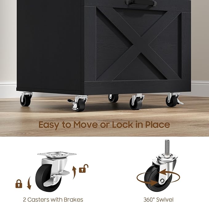 3 Drawer Small File Cabinet with Wheels, Farmhouse Vertical Filing Cabinet Fits Letter/A4 Size, Rolling File Cabinets Wooden Printer Stand for Home Office, Rustic Black