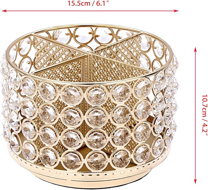 BTSKY Crystal 360 Degree Rotating Desk Organizer Decorative Storage Box with 4 Compartments, Glitter Metal Makeup Brush Holder Elegant Storage Caddy Home Decor Gift for Women, Round-4 Slots Gold