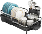 SNTD Dish Drying Rack, Expandable Dish Rack for Kitchen Counter, Stainless Steel Dish Drainer with Drainboard Set and Utensil Holder (Black)