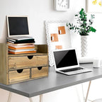 Besti Wooden Office Desk Organizer - Organizing Tool for Desktop, Cubicle, Bedroom, Kitchen - Vintage Style Organization Caddy with Top Tray Shelf & 3 Drawers - 13.6x9x7 Inches (Rustic Burnt)