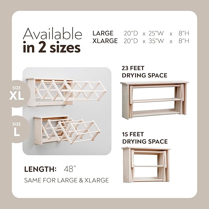 Pennsylvania Woodworks Large Wall Clothes Drying Rack ~ Heavy Duty Solid Maple Hardwood, Folding, Collapses to 25" x 20" x 8", Hand Built in USA, Unfinished
