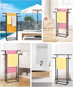 Standing Towel Racks for Bathroom, 2 Tier Bathroom Floor Free Standing Towel Rack, Tall Enough Pool Bath Drying and Dispaly Outdoor Stand for Storage, Black Freestanding Blanket Holder, ALHAKIN
