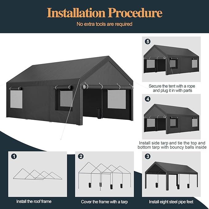 Shintenchi 12x20 FT Heavy-Duty Design Carport,Portable Garage Canopy,Carport Canopy with Side-Opening Removable Door & Roll-Up Window,Portable Car Port for Car, Truck, Boat,Grey