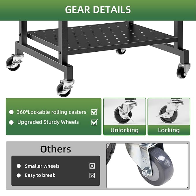 Garden Tool Organizer Stand with Wheels,Yard Tool Organizer for Garage with 2 Hooks, Rack Up to 42 Tools,Broom Holder & Garden Tool Rack for Shed, Patio, Outdoor Use
