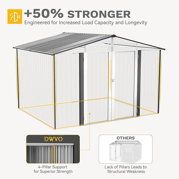 DWVO 10x8FT Outdoor Storage Shed, Spacious Metal Tool Shed with Lockable Doors & Ventilation for Patio, Lawn, and Backyard, Ideal for Storing Garden Equipment, Lawnmowers, and Bicycles, Dark Gray