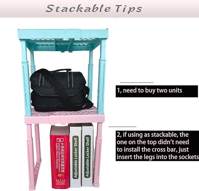 Adjustable Locker Shelf Pink Height and Width Adjustable Locker Organizer Shelf for School Locker, Stackable Locker Stand Tools for Gym Lockers, Office, Back to School Essentials