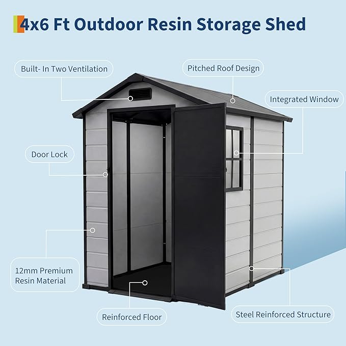 Outdoor Storage Shed with Floor, Plastic Resin Garden Shed with Window & Sloping Roof & Lockable Door for Patio Backyard Garden, Lawn Mower, Bike, Tool Storage (Grayish White + Black, 4' x 6')