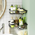 HapiRm Corner Shower Caddy with Shampoo Holder, 2-Pack Shower Organizer Shower Storage Shelf with 11 Hooks, No Drilling Rust Proof Stainless Steel Corner Shower Shelf with 6 Pack Adhesives (Black)