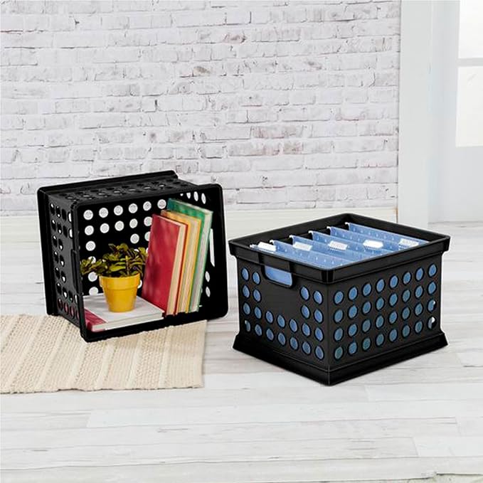 Sterilite Stackable Plastic Storage Crate Bin Organizer File Box with Handles for Home, Office, Dorm, Garage, or Utility Organization, Black, 24-Pack
