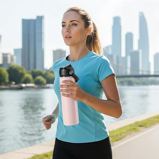 24oz Insulated Stainless Steel Water Bottle, Wide Mouth Double Wall Vacuum, Silicone Straw, Sweat & Leak Proof, BPA Free Insulated Water Flask for Travel, Keep Cold 24h Hot 12h, Light Pink