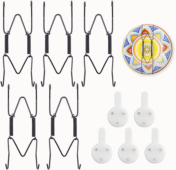 5 Pack Plate Hangers for Wall, Suitable for 4-5 inch Art Plate, Stainless Steel Invisible Heavy-Duty Wire Plate Holder with Wall Hooks, Display Hanger for Decorative Plates/Dishes/Platters(Black)