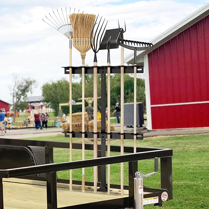 Trailer Tool Rack Shovel Holder - Shovel Rack for Trailer with 6 Tool Holes with Rubber Grommets, Classical Black
