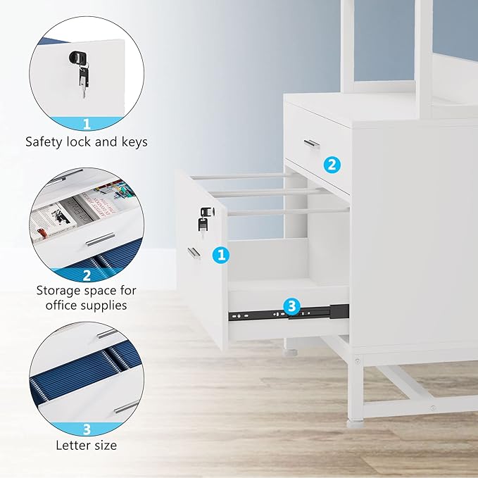 Tribesigns 2 Drawer Vertical File Cabinet with Lock & Bookshelf (Set of 2), Letter Size Large Modern Filing Cabinet Printer Stand with Open Storage Shelves for Home Office, White