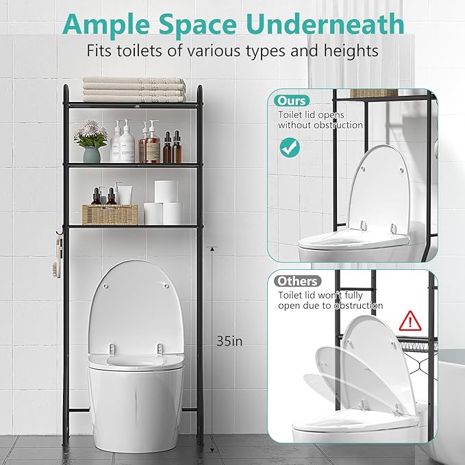 ASHLEYRIVER Over The Toilet Storage Rack, 3-Tier Storage Rack Toilet Adjustable Shelf Rack with Hooks & Roll Holder,Steel Black