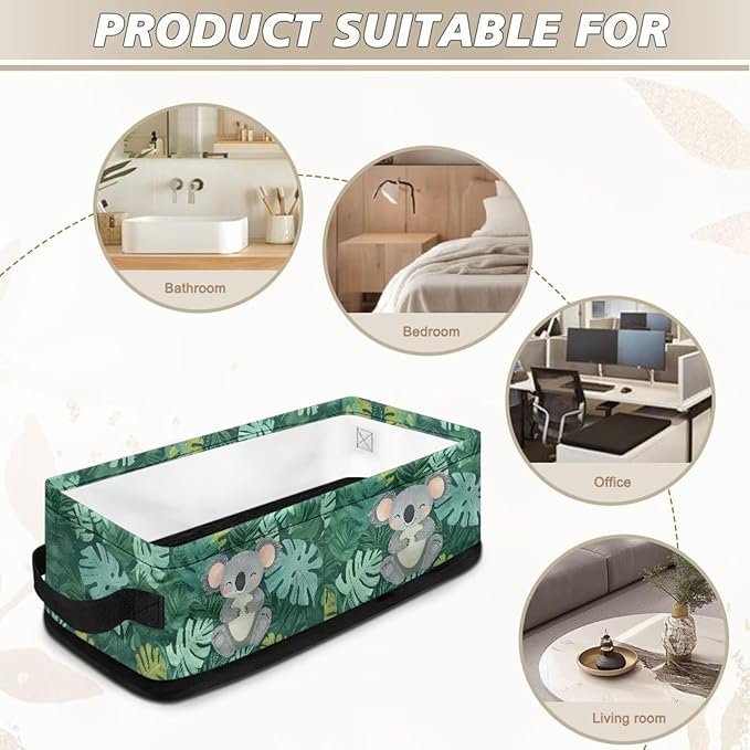 Small Bathroom Basket Toilet Tank Topper Paper Basket Fabric Bin Shelf Multi-purpose Storage Basket Caddy with Handles for Bathroom Counter, Koala Tropical Monstera Leaf Green