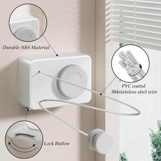 Danpoo Retractable Clothesline Indoor Outdoor, Heavy Duty Anti-Sag Wall Mounted Laundry Drying Line with Stainless Steel Rope