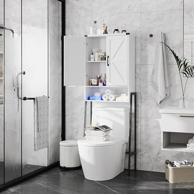 Over The Toilet Storage Cabinet with 2-Door Design Bathroom Organizers and Storage with Anti-Tip Device Over Toilet Organizer with Shelves for Bathroom,Restroom,Laundry White