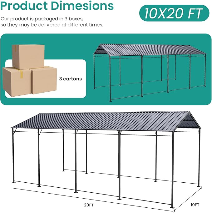 SUNBURY 10 x 20 ft Metal Carport Kits with Galvanized Steel Roof, Heavy Duty Metal Carports Canopy, Outdoor Garage Car Shelter Shade for Pickup, Boat, Car and Tractors, Gray