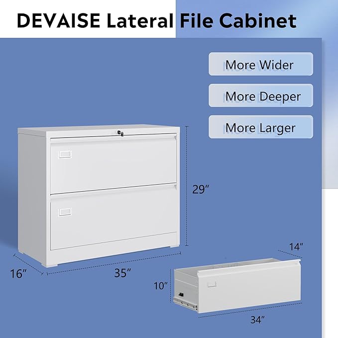 DEVAISE Metal 2 Drawer Lateral File Cabinet, Wide Filing Cabinet with Lock for Home Office School, Filing Organization Storage Cabinet for Hanging Files Letter/Legal/F4/A4 Size, White