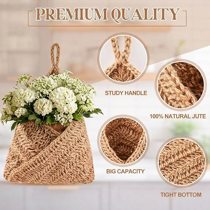 Honeydak Boho Decor Hanging Wall Baskets for Kitchen 3 Pack Teardrop Baskets with Hooks Storage Fruit Onion Vegetable Potato for Home 3 Sizes(Linen,Triangle,Jute)
