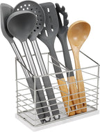 Utensil Holder for Kitchen Counter, Metal Utensil Holder Rack for Kitchen Countertop, Cooking Tools Storage for Spatula, Utensil Organizer with Marble Base, and Drainage Hole (Chrome Marble)