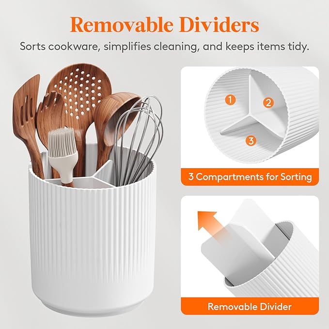 Lifewit 7.5" Plastic Utensil Holder for Kitchen Counter, Cooking Silverware Caddy with Non-Slip Rotating Base, 3 Compartment Spoon Spatula Cutlery Flatware Organizer with Dry Draining, White, 1 Pack