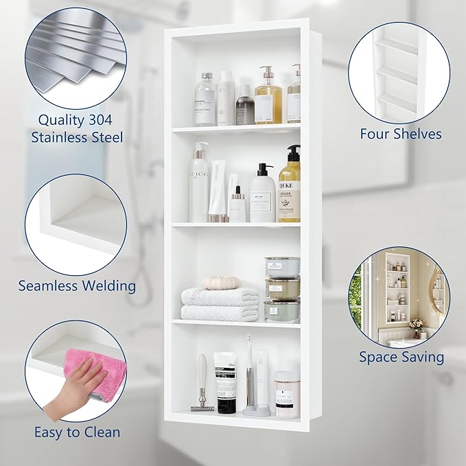 14x36 Recessed Medicine Cabinet, Medicine Cabinet No Mirror, 304 Stainless Steel Medicine Wall Niche with 4-Tiers Shelves, Matte White
