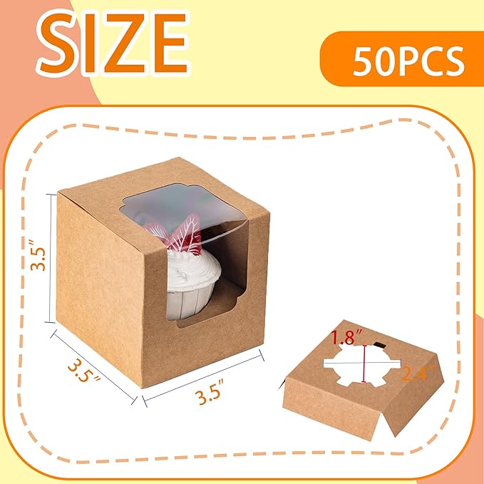 BOOMIBOO 50 Pack Individual Cupcake Containers, Cupcake Boxes with Window, Food Grade Cupcake Holders with Inserts, Stackable Deep Cupcake Carrier Easy Transport and Presentation (Brown)