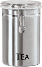 Oggi Stainless Steel Tea Canister 62 fl oz - Airtight Clamp Lid, Clear See-Thru Top - Ideal for Tea Bag, Loose Tea, Kitchen Storage, Pantry Storage. Large Size 5" x 7.5".