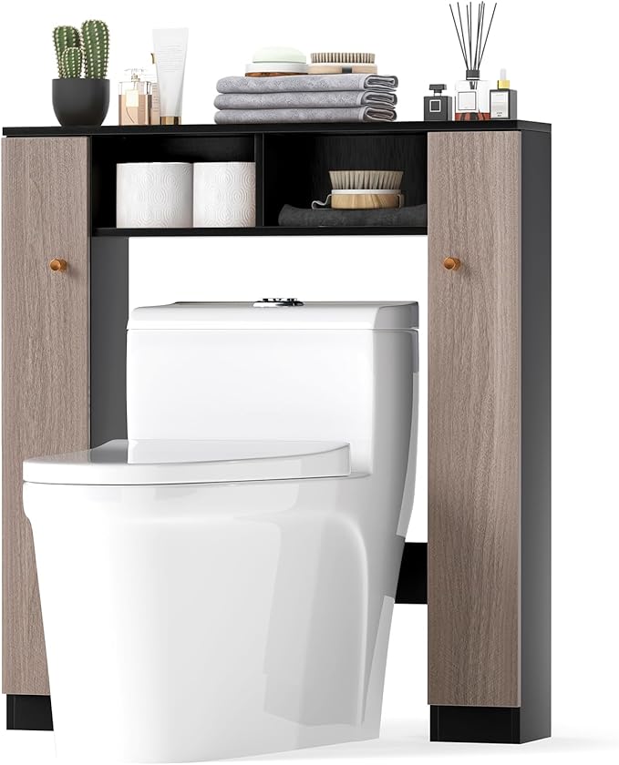 Tangkula Over The Toilet Storage Cabinet, Freestanding Above Toilet Organizer w/ 10-Level Adjustable Shelves & Crossbar, Anti-Tipping Device Included, Bathroom Space Saver (Modern, Black)
