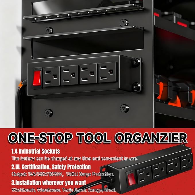 33" W Power Tool Organizer with Charging Station, 4 Layers Heavy Duty Metal Tool Storage Rack Wall Mount 8 Cordless Drill Holder with 4 Power Strip, Battery Organizer for Garage, Workbench,Tool Room