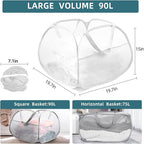 2 Pack Collapsible Laundry Baskets, 90L Large Foldable Laundry Basket, Durable Mesh Pop Up Hampers for Laundry, Dirty Clothes Laundry Hamper for Bedroom, Bathroom, Dorm, Laundry Room, Travel White